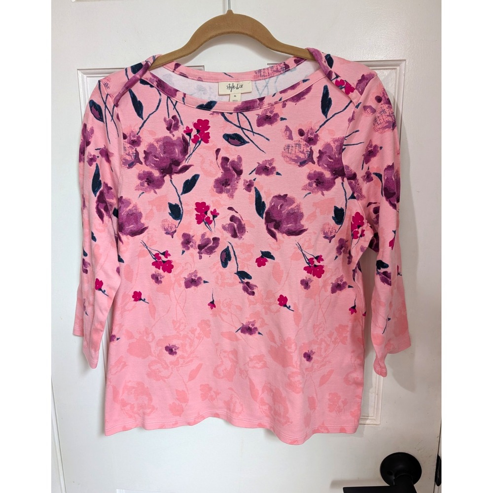 Style & Co Women's Tunic Blouse XL Multicolor Floral 3/4 Sleeve Cotton